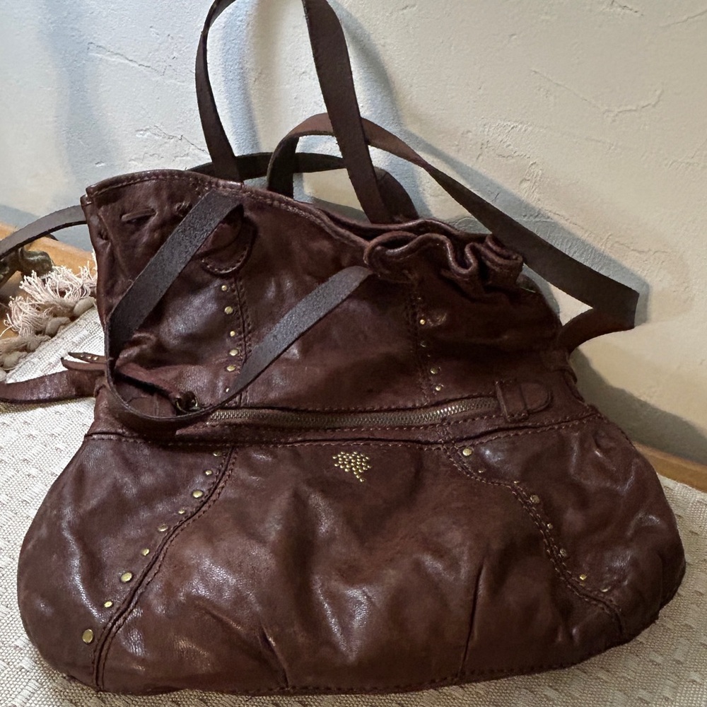 Lucky Brand  Dark Brown Fold over Leather Shoulder Bag with Stud Detail